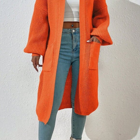 Orange Casual Women's Dual Pocket Drop Shoulder Duster Cardigan - Picture 6 of 8